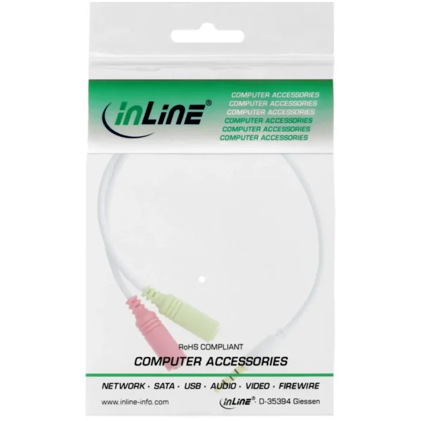 InLine Audio Headset Adapter Cable 3.5mm male 4 Pin / 2x 3.5mm, white, 0.15m