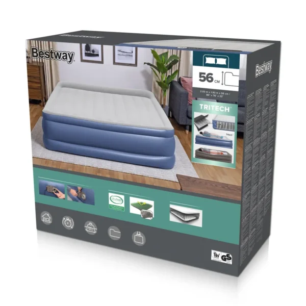 Bestway Tritech Air Mattress King with Built-in AC Pump and Antimicrobial Coating 2.03 m x 1.93 m x 56 cm