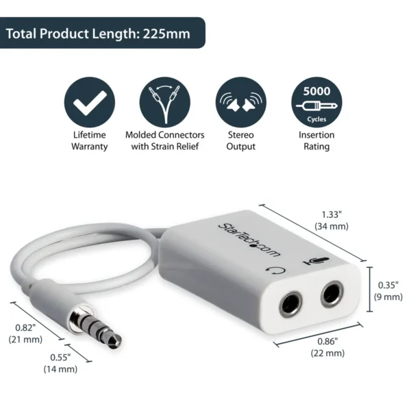 StarTech.com White headset adapter for headsets with separate headphone / microphone plugs – 3.5mm 4 position to 2x 3 position 3.5mm M/F
