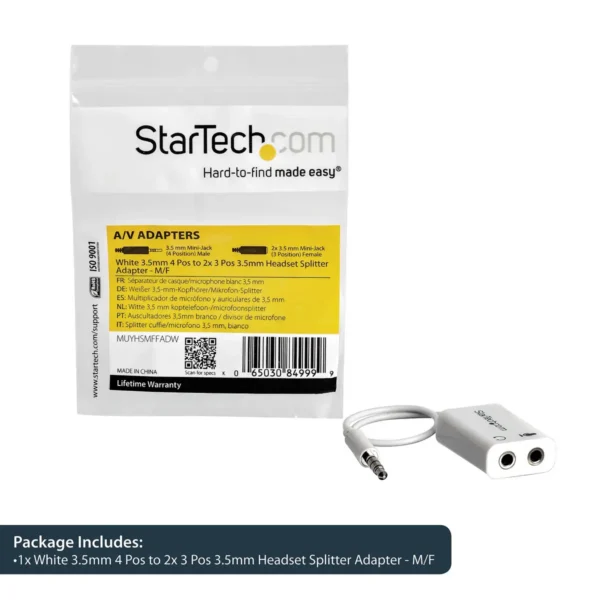 StarTech.com White headset adapter for headsets with separate headphone / microphone plugs – 3.5mm 4 position to 2x 3 position 3.5mm M/F
