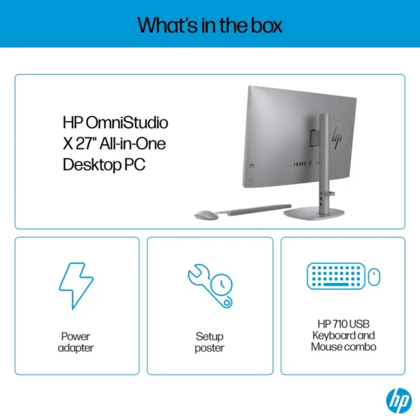 HP OmniStudio X 27-cs0004na Intel Core Ultra 5 125H 68.6 cm (27″) 3840 x 2160 pixels All-in-One PC 16 GB DDR5-SDRAM 1 TB SSD Windows 11 Home Wi-Fi 7 (802.11be) AI PC Silver