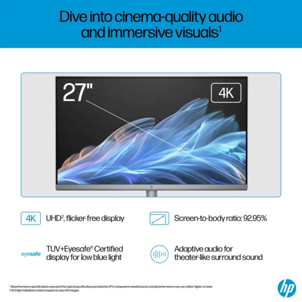 HP OmniStudio X 27-cs0004na Intel Core Ultra 5 125H 68.6 cm (27″) 3840 x 2160 pixels All-in-One PC 16 GB DDR5-SDRAM 1 TB SSD Windows 11 Home Wi-Fi 7 (802.11be) AI PC Silver