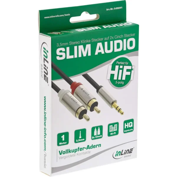 InLine Basic Slim Audio Cable 3.5mm M to 2x RCA M, 1m