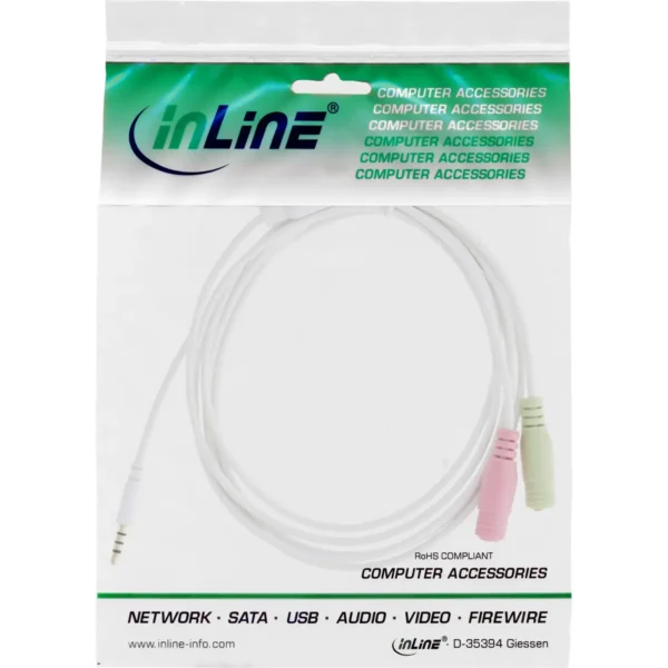 InLine Audio Headset Adapter Cable 3.5mm male 4 Pin / 2x 3.5mm, white, 1m