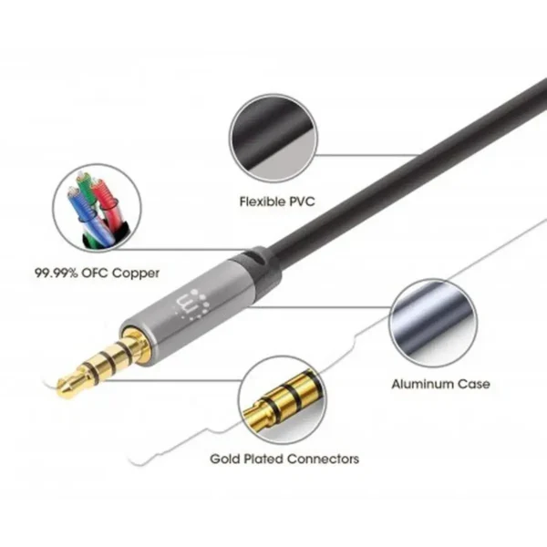 Manhattan Stereo Audio 3.5mm Cable, 3m, Male/Male, Slim Design, Black/Silver, Premium with 24 karat gold plated contacts and pure oxygen-free copper (OFC) wire, Lifetime Warranty, Polybag