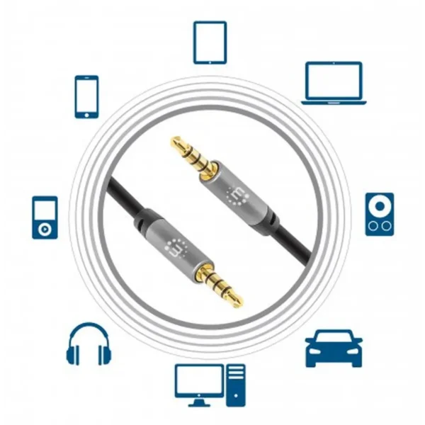 Manhattan Stereo Audio 3.5mm Cable, 2m, Male/Male, Slim Design, Black/Silver, Premium with 24 karat gold plated contacts and pure oxygen-free copper (OFC) wire, Lifetime Warranty