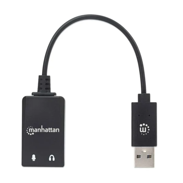 Manhattan USB-A Sound Adapter, USB-A to 3.5mm Mic-in and Audio-Out ports, 480 Mbps (USB 2.0), supports 2.1 stereo, Hi-Speed USB, Cable 11cm, Black, Three Year Warranty, Box