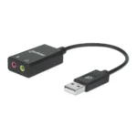 Manhattan USB-A Sound Adapter, USB-A to 3.5mm Mic-in and Audio-Out ports, 480 Mbps (USB 2.0), supports 2.1 stereo, Hi-Speed USB, Cable 11cm, Black, Three Year Warranty, Box