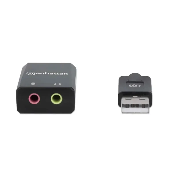 Manhattan USB-A Sound Adapter, USB-A to 3.5mm Mic-in and Audio-Out ports, 480 Mbps (USB 2.0), supports 2.1 stereo, Hi-Speed USB, Cable 11cm, Black, Three Year Warranty, Box