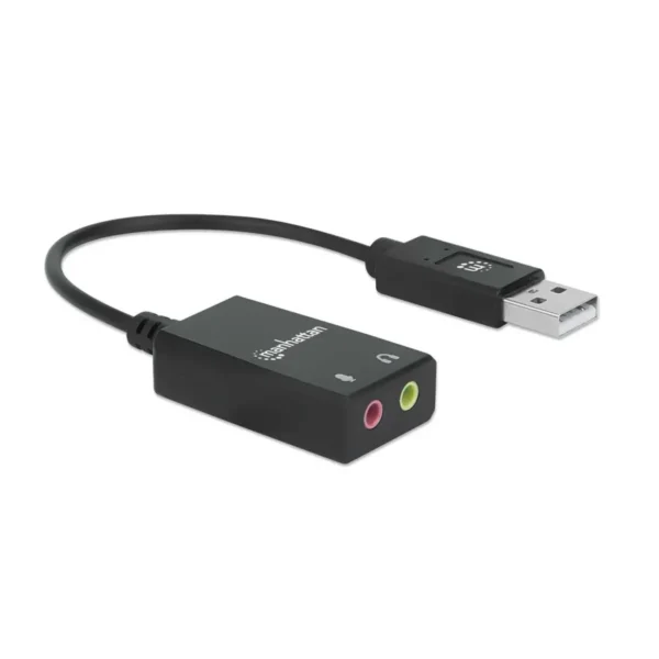 Manhattan USB-A Sound Adapter, USB-A to 3.5mm Mic-in and Audio-Out ports, 480 Mbps (USB 2.0), supports 2.1 stereo, Hi-Speed USB, Cable 11cm, Black, Three Year Warranty, Box
