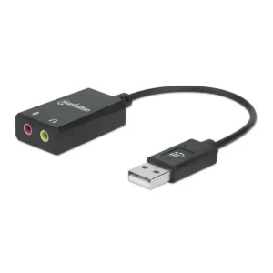 Manhattan USB-A Sound Adapter, USB-A to 3.5mm Mic-in and Audio-Out ports, 480 Mbps (USB 2.0), supports 2.1 stereo, Hi-Speed USB, Cable 11cm, Black, Three Year Warranty, Box