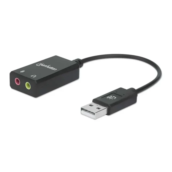 Manhattan USB-A Sound Adapter, USB-A to 3.5mm Mic-in and Audio-Out ports, 480 Mbps (USB 2.0), supports 2.1 stereo, Hi-Speed USB, Cable 11cm, Black, Three Year Warranty, Box
