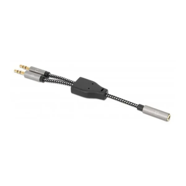 Manhattan Headset Adapter Cable with Stereo Audio Y-Splitter, 3.5mm, Aux, 15cm, Female/2x Male, Splits Single Headset Plug into Microphone and Audio Plugs, Slim Design, Black/Silver, Gold plated contacts and pure oxygen-free copper wire, Lifetime Warranty