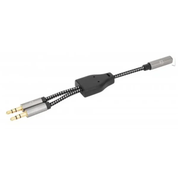Manhattan Headset Adapter Cable with Stereo Audio Y-Splitter, 3.5mm, Aux, 15cm, Female/2x Male, Splits Single Headset Plug into Microphone and Audio Plugs, Slim Design, Black/Silver, Gold plated contacts and pure oxygen-free copper wire, Lifetime Warranty