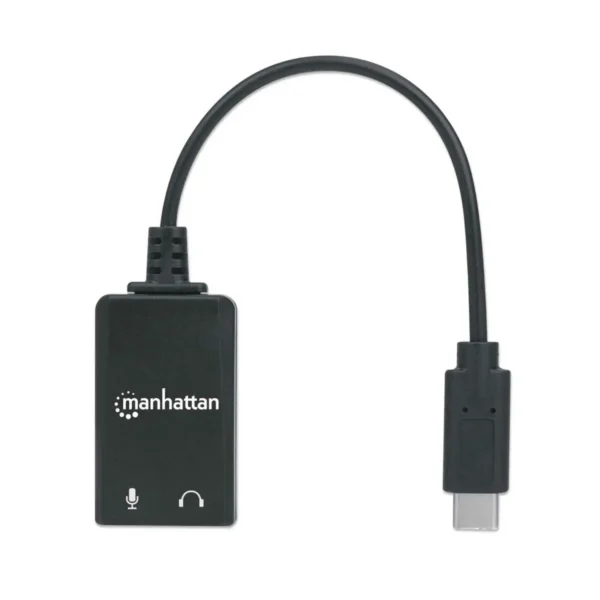 Manhattan USB-C Audio/Sound Adapter (Clearance Pricing), USB-C to 3.5mm Mic-in and Audio-Out ports, 480 Mbps (USB 2.0), supports 2.1 stereo, Cable 11cm, Black, Three Year Warranty, Box
