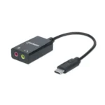 Manhattan USB-C Audio/Sound Adapter (Clearance Pricing), USB-C to 3.5mm Mic-in and Audio-Out ports, 480 Mbps (USB 2.0), supports 2.1 stereo, Cable 11cm, Black, Three Year Warranty, Box