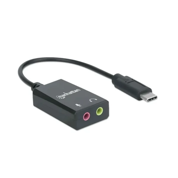 Manhattan USB-C Audio/Sound Adapter (Clearance Pricing), USB-C to 3.5mm Mic-in and Audio-Out ports, 480 Mbps (USB 2.0), supports 2.1 stereo, Cable 11cm, Black, Three Year Warranty, Box