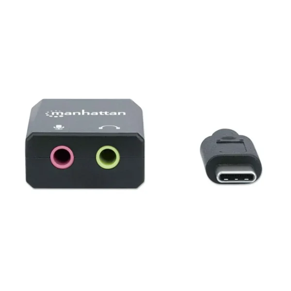 Manhattan USB-C Audio/Sound Adapter (Clearance Pricing), USB-C to 3.5mm Mic-in and Audio-Out ports, 480 Mbps (USB 2.0), supports 2.1 stereo, Cable 11cm, Black, Three Year Warranty, Box