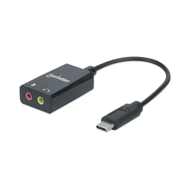 Manhattan USB-C Audio/Sound Adapter (Clearance Pricing), USB-C to 3.5mm Mic-in and Audio-Out ports, 480 Mbps (USB 2.0), supports 2.1 stereo, Cable 11cm, Black, Three Year Warranty, Box