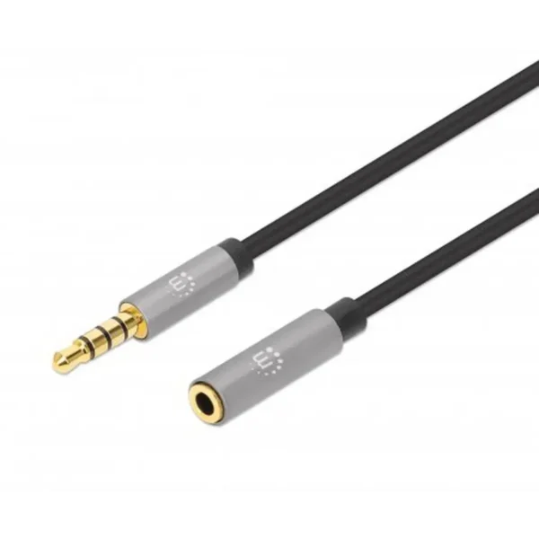 Manhattan Stereo Audio 3.5mm Extension Cable, 2m, Male/Female, Slim Design, Black/Silver, Premium with 24 karat gold plated contacts and pure oxygen-free copper (OFC) wire, Lifetime Warranty