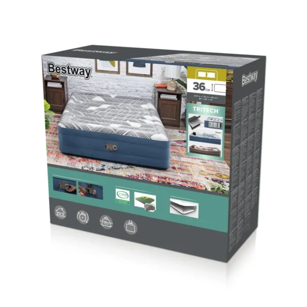 Bestway Tritech Fashion Flock Air Mattress Queen with Built-in AC Pump and Antimicrobial Coating 2.03 m x 1.52 m x 36 cm