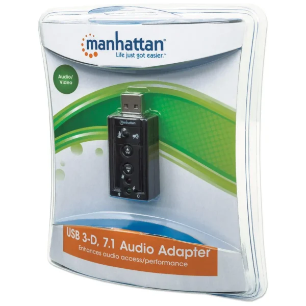 Manhattan USB-A Sound Adapter, USB-A to 3.5mm Mic-in and Audio-Out ports, 480 Mbps (USB 2.0), supports 3D and virtual 7.1 surround sound, Internal Amplifier and Volume Controls
