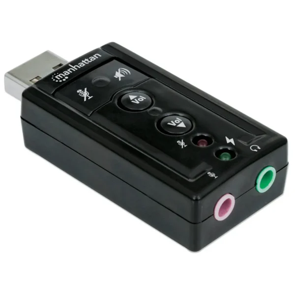 Manhattan USB-A Sound Adapter, USB-A to 3.5mm Mic-in and Audio-Out ports, 480 Mbps (USB 2.0), supports 3D and virtual 7.1 surround sound, Internal Amplifier and Volume Controls