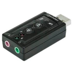 Manhattan USB-A Sound Adapter, USB-A to 3.5mm Mic-in and Audio-Out ports, 480 Mbps (USB 2.0), supports 3D and virtual 7.1 surround sound, Internal Amplifier and Volume Controls