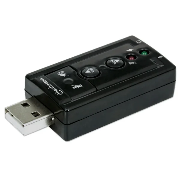 Manhattan USB-A Sound Adapter, USB-A to 3.5mm Mic-in and Audio-Out ports, 480 Mbps (USB 2.0), supports 3D and virtual 7.1 surround sound, Internal Amplifier and Volume Controls