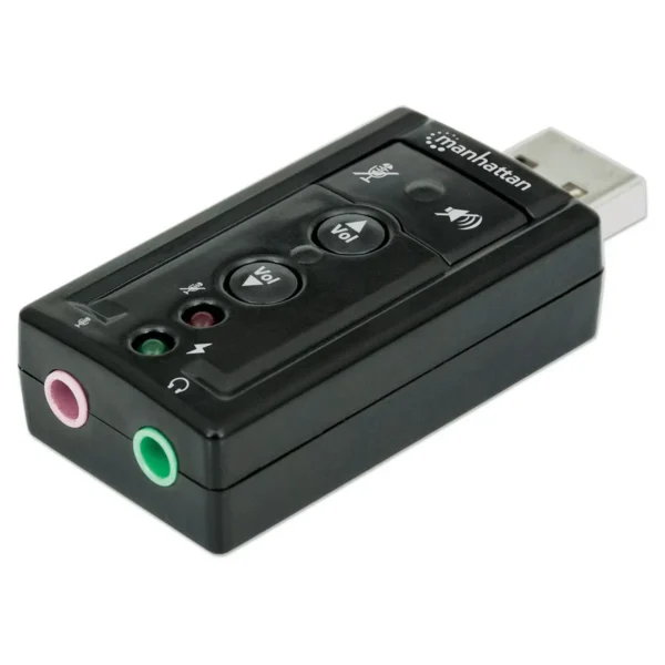Manhattan USB-A Sound Adapter, USB-A to 3.5mm Mic-in and Audio-Out ports, 480 Mbps (USB 2.0), supports 3D and virtual 7.1 surround sound, Internal Amplifier and Volume Controls