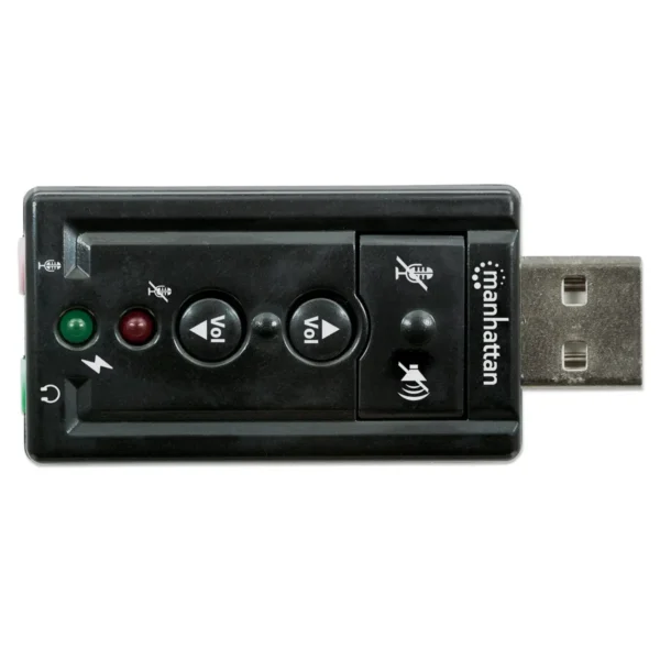 Manhattan USB-A Sound Adapter, USB-A to 3.5mm Mic-in and Audio-Out ports, 480 Mbps (USB 2.0), supports 3D and virtual 7.1 surround sound, Internal Amplifier and Volume Controls