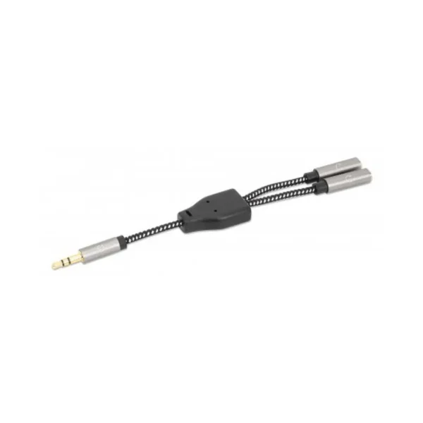 Manhattan Headphone Stereo Audio Y-Splitter Cable, 3.5mm, Aux, 15cm, Male/2x Female, Connects Two Sets of Headphones to One Audio Jack, Slim Design, Black/Silver, Gold plated contacts and pure oxygen-free copper wire, Lifetime Warranty, Polybag