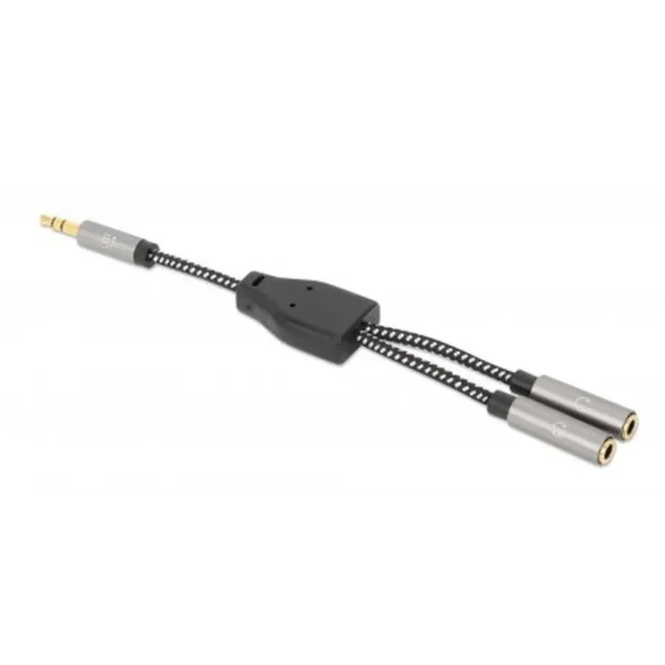 Manhattan Headphone Stereo Audio Y-Splitter Cable, 3.5mm, Aux, 15cm, Male/2x Female, Connects Two Sets of Headphones to One Audio Jack, Slim Design, Black/Silver, Gold plated contacts and pure oxygen-free copper wire, Lifetime Warranty, Polybag