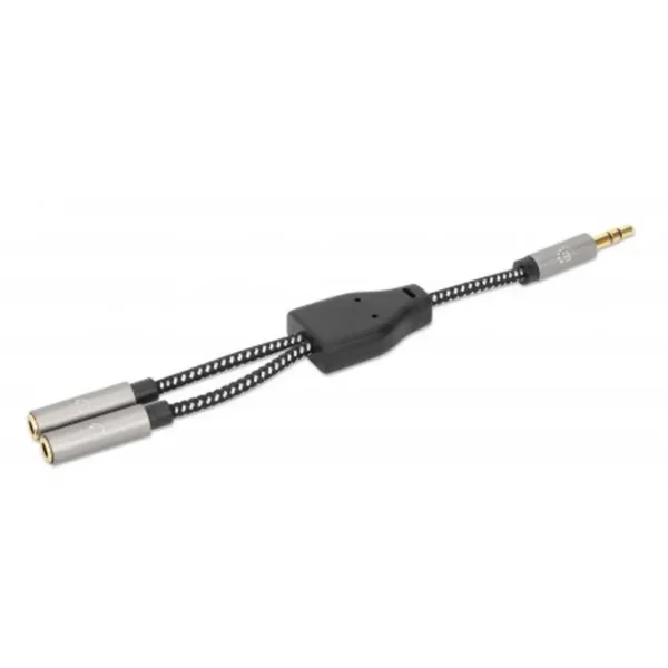 Manhattan Headphone Stereo Audio Y-Splitter Cable, 3.5mm, Aux, 15cm, Male/2x Female, Connects Two Sets of Headphones to One Audio Jack, Slim Design, Black/Silver, Gold plated contacts and pure oxygen-free copper wire, Lifetime Warranty, Polybag