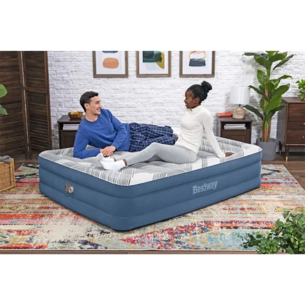 Bestway Tritech Fashion Flock Air Mattress Queen with Built-in AC Pump and Antimicrobial Coating 2.03 m x 1.52 m x 46 cm