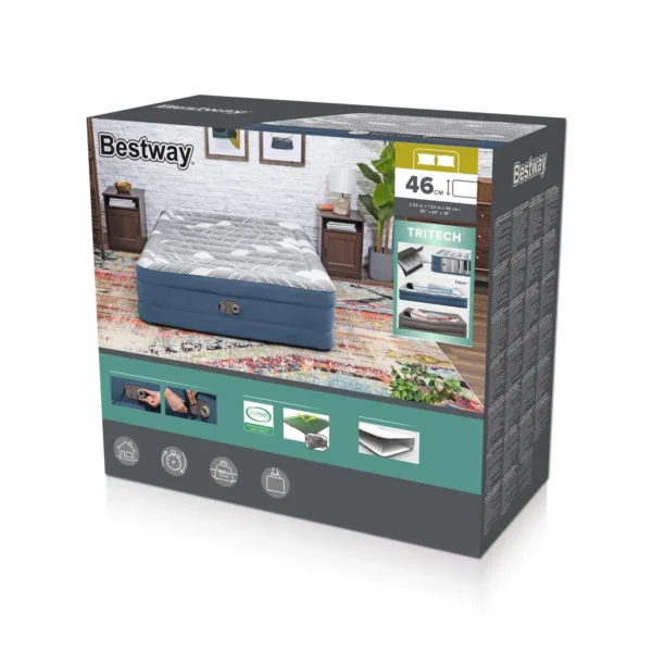 Bestway Tritech Fashion Flock Air Mattress Queen with Built-in AC Pump and Antimicrobial Coating 2.03 m x 1.52 m x 46 cm