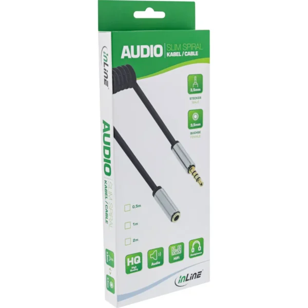 InLine Slim Audio spiral cable 3.5mm male / female, 4-pin, Stereo, 2m