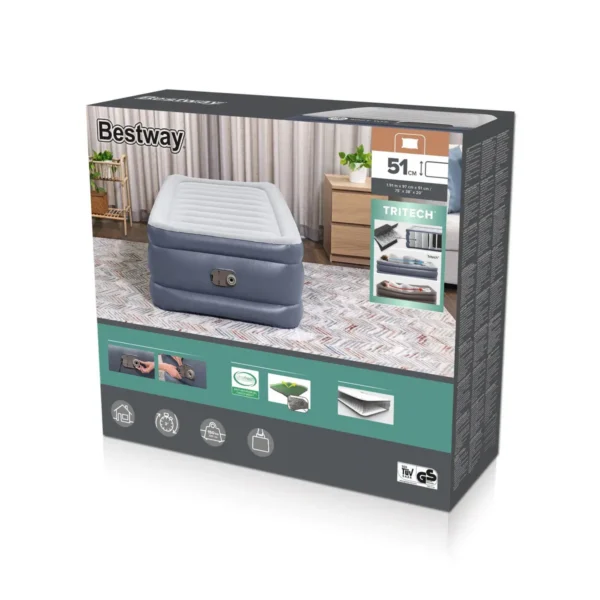 Bestway Tritech Air Mattress Twin with Built-in AC Pump and Antimicrobial Coating 1.91 m x 97 cm x 51 cm