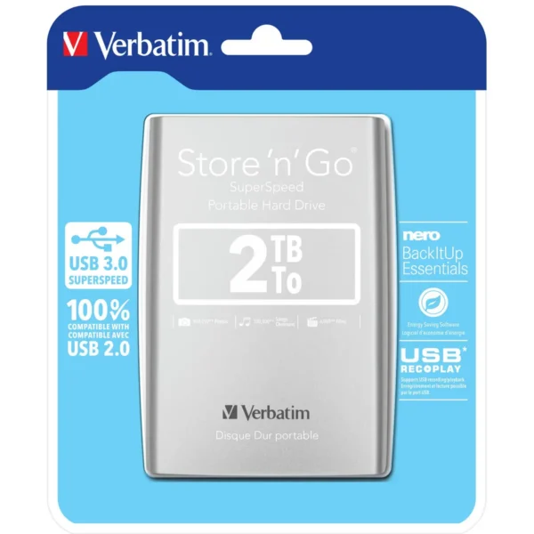 Verbatim Store ‘n’ Go USB 3.0 Portable Hard Drive 2TB Silver
