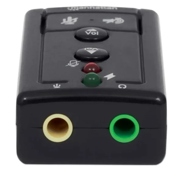 Manhattan USB-A Sound Adapter, USB-A to 3.5mm Mic-in and Audio-Out ports, 480 Mbps (USB 2.0), 7.1-Channel Virtual 3D Surround Sound, Internal Amplifier and Volume Controls, Hi-Speed USB, Three Year Warranty, Equivalent to ICUSBAUDIO7.