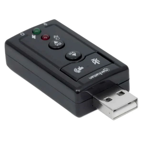 Manhattan USB-A Sound Adapter, USB-A to 3.5mm Mic-in and Audio-Out ports, 480 Mbps (USB 2.0), 7.1-Channel Virtual 3D Surround Sound, Internal Amplifier and Volume Controls, Hi-Speed USB, Three Year Warranty, Equivalent to ICUSBAUDIO7.