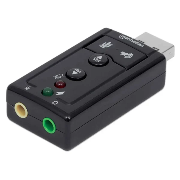 Manhattan USB-A Sound Adapter, USB-A to 3.5mm Mic-in and Audio-Out ports, 480 Mbps (USB 2.0), 7.1-Channel Virtual 3D Surround Sound, Internal Amplifier and Volume Controls, Hi-Speed USB, Three Year Warranty, Equivalent to ICUSBAUDIO7.