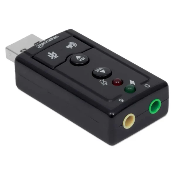 Manhattan USB-A Sound Adapter, USB-A to 3.5mm Mic-in and Audio-Out ports, 480 Mbps (USB 2.0), 7.1-Channel Virtual 3D Surround Sound, Internal Amplifier and Volume Controls, Hi-Speed USB, Three Year Warranty, Equivalent to ICUSBAUDIO7.
