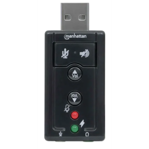 Manhattan USB-A Sound Adapter, USB-A to 3.5mm Mic-in and Audio-Out ports, 480 Mbps (USB 2.0), 7.1-Channel Virtual 3D Surround Sound, Internal Amplifier and Volume Controls, Hi-Speed USB, Three Year Warranty, Equivalent to ICUSBAUDIO7.