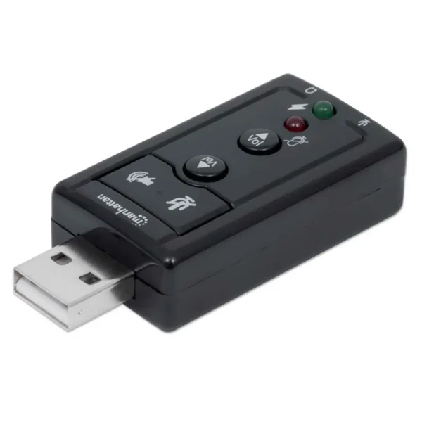 Manhattan USB-A Sound Adapter, USB-A to 3.5mm Mic-in and Audio-Out ports, 480 Mbps (USB 2.0), 7.1-Channel Virtual 3D Surround Sound, Internal Amplifier and Volume Controls, Hi-Speed USB, Three Year Warranty, Equivalent to ICUSBAUDIO7.