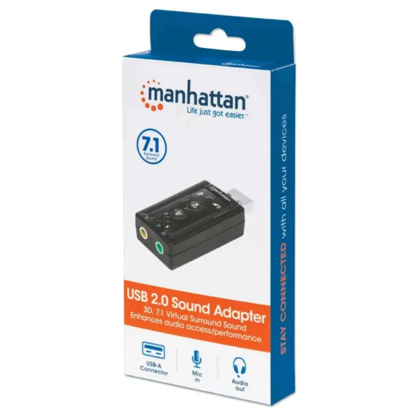 Manhattan USB-A Sound Adapter, USB-A to 3.5mm Mic-in and Audio-Out ports, 480 Mbps (USB 2.0), 7.1-Channel Virtual 3D Surround Sound, Internal Amplifier and Volume Controls, Hi-Speed USB, Three Year Warranty, Equivalent to ICUSBAUDIO7.
