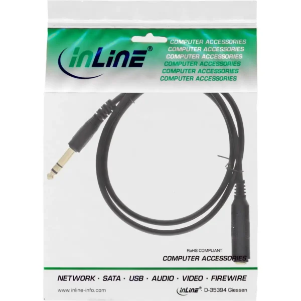 InLine Headphone extension cable 6.3mm Stereo M/F, gold plated, black, 3m