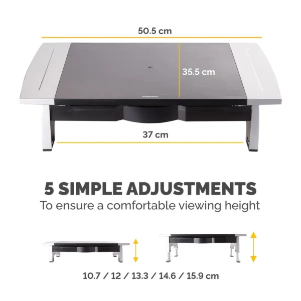 Fellowes Computer Monitor Stand with 5 Height Adjustments – Office Suites Monitor Riser with Storage Tray – Ergonomic Adjustable Monitor Stand for Computers – Max Weight 36KG/Max Size 28″ – Graphite