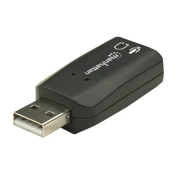 Manhattan USB-A Sound Adapter, USB-A to 3.5mm Mic-in and Audio-Out ports, 480 Mbps (USB 2.0), supports 3D and virtual 5.1 surround sound, Hi-Speed USB, Black, Three Year Warranty