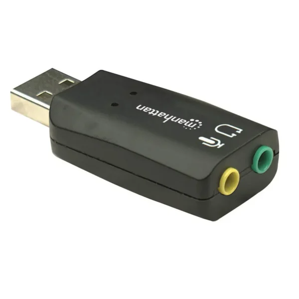 Manhattan USB-A Sound Adapter, USB-A to 3.5mm Mic-in and Audio-Out ports, 480 Mbps (USB 2.0), supports 3D and virtual 5.1 surround sound, Hi-Speed USB, Black, Three Year Warranty